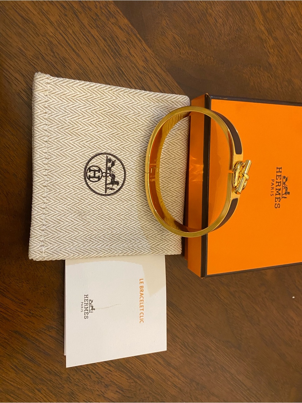 Hermes Gold and Brown Clic H Bracelet with Enamel Inlay